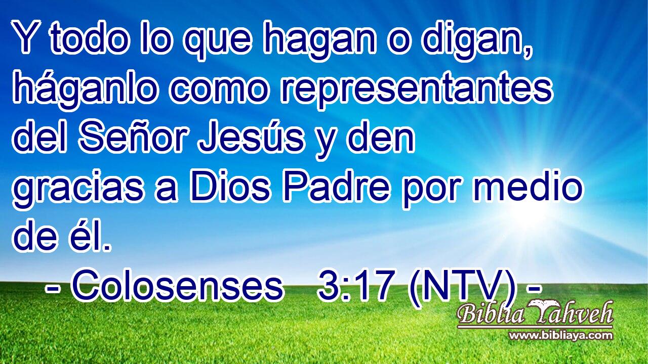 Y todo lo que hagan o digan, háganlo como representantes del Señor Jesús y den gracias a Dios Padre por medio de él.