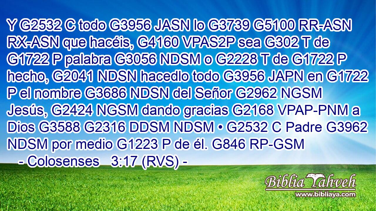 Y G2532 C todo G3956 JASN lo G3739 G5100 RR-ASN RX-ASN que hacéis, G4160 VPAS2P sea G302 T de G1722 P palabra G3056 NDSM o G2228 T de G1722 P hecho, G2041 NDSN hacedlo todo G3956 JAPN en G1722 P el nombre G3686 NDSN del Señor G2962 NGSM Jesús, G2424 NGSM dando gracias G2168 VPAP-PNM a Dios G3588 G2316 DDSM NDSM • G2532 C Padre G3962 NDSM por medio G1223 P de él. G846 RP-GSM 