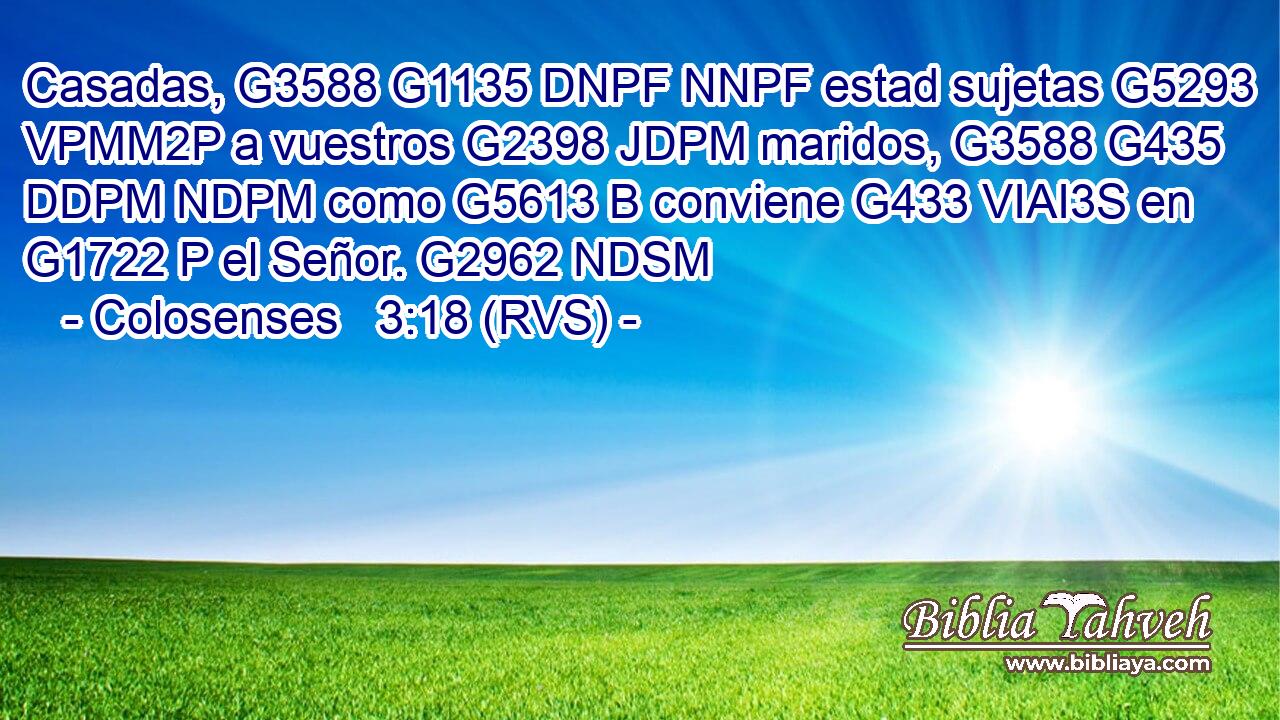 Casadas, G3588 G1135 DNPF NNPF estad sujetas G5293 VPMM2P a vuestros G2398 JDPM maridos, G3588 G435 DDPM NDPM como G5613 B conviene G433 VIAI3S en G1722 P el Señor. G2962 NDSM 