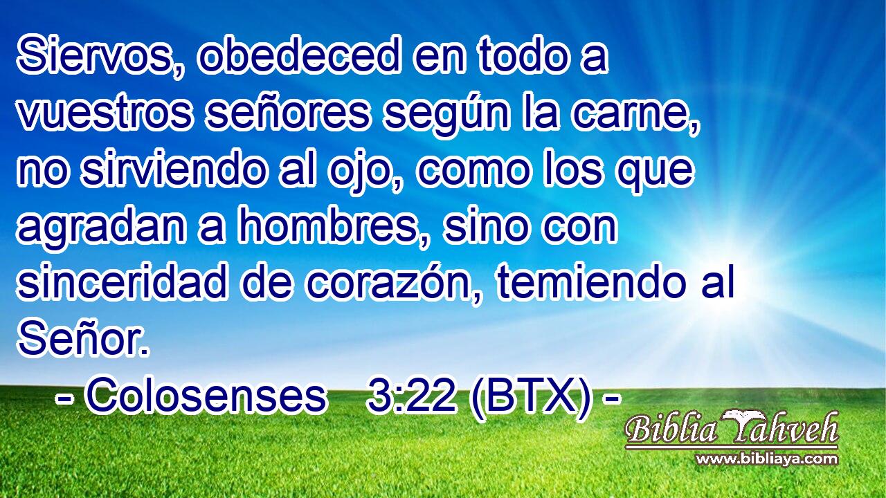 Siervos, obedeced en todo a vuestros señores según la carne, no sirviendo al ojo, como los que agradan a hombres, sino con sinceridad de corazón, temiendo al Señor.