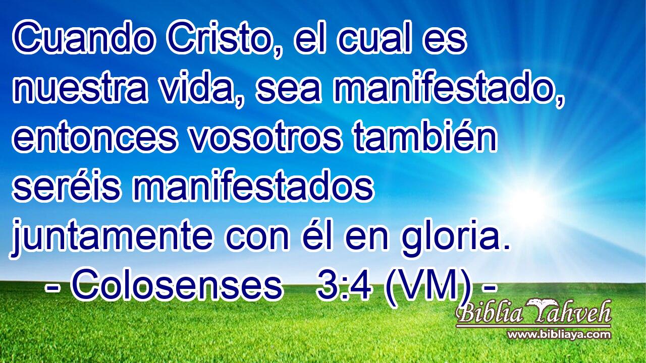  Cuando Cristo, el cual es nuestra vida, sea manifestado, entonces vosotros también seréis manifestados juntamente con él en gloria. 