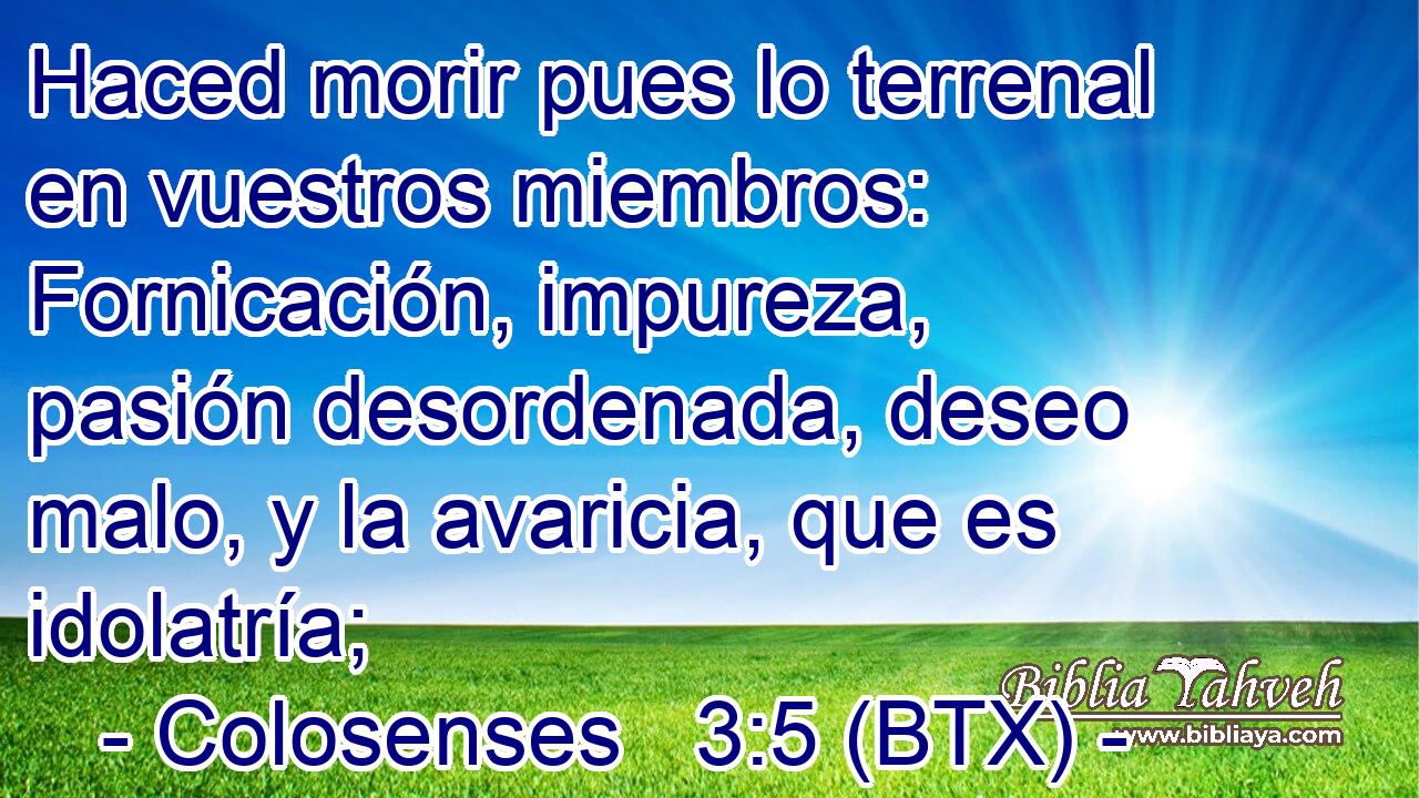 Haced morir pues lo terrenal en vuestros miembros: Fornicación, impureza, pasión desordenada, deseo malo, y la avaricia, que es idolatría;