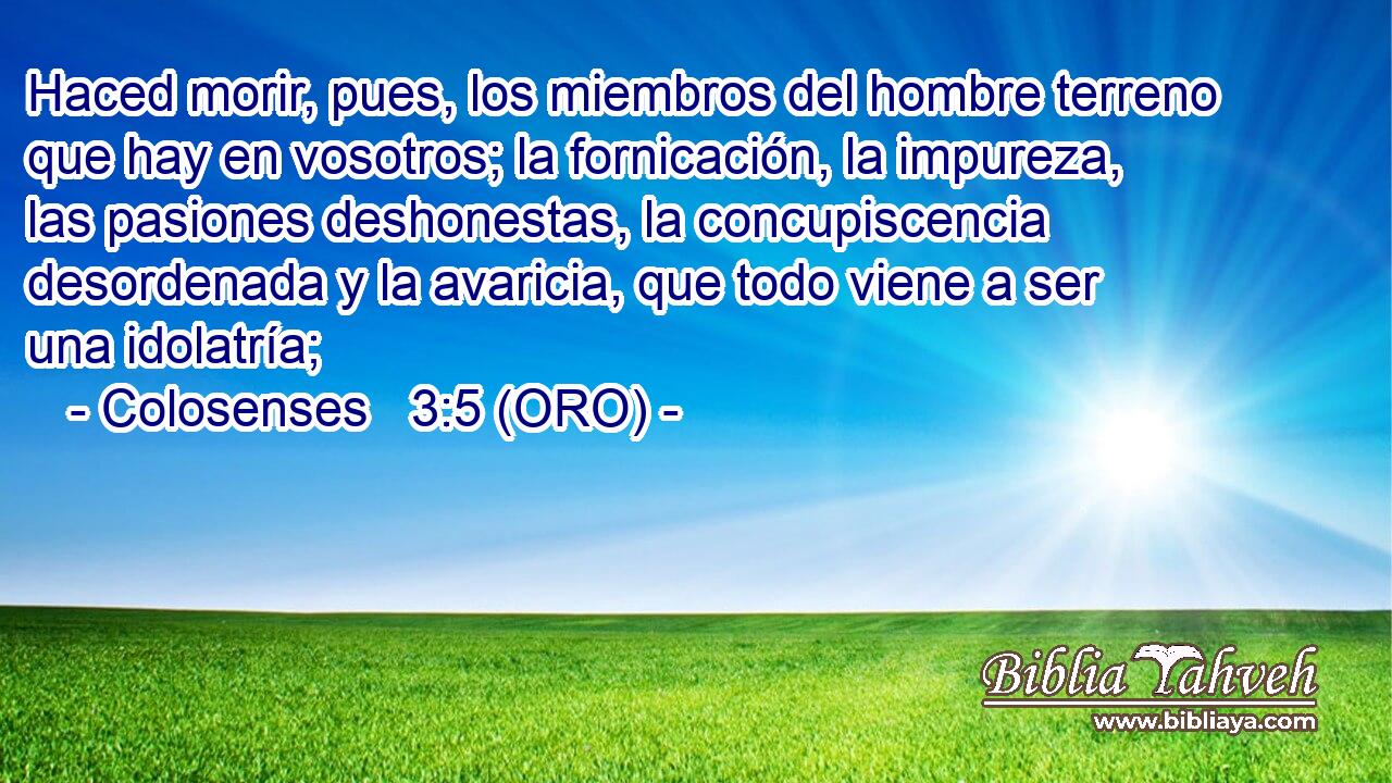  Haced morir, pues, los miembros del hombre terreno que hay en vosotros; la fornicación, la impureza, las pasiones deshonestas, la concupiscencia desordenada y la avaricia, que todo viene a ser una idolatría; 