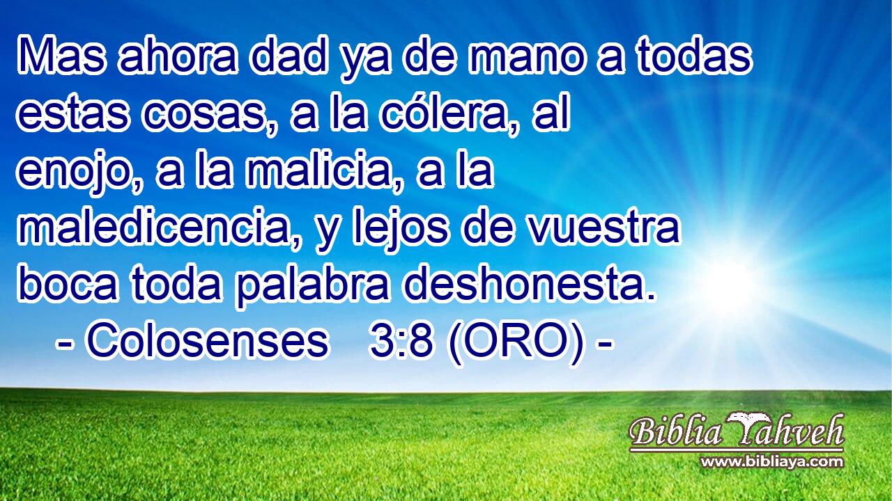  Mas ahora dad ya de mano a todas estas cosas, a la cólera, al enojo, a la malicia, a la maledicencia, y lejos de vuestra boca toda palabra deshonesta. 