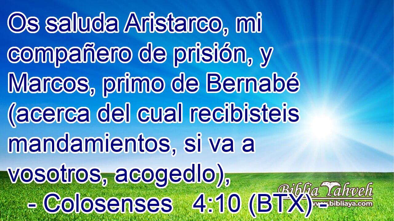 Os saluda Aristarco, mi compañero de prisión, y Marcos, primo de Bernabé (acerca del cual recibisteis mandamientos, si va a vosotros, acogedlo),
