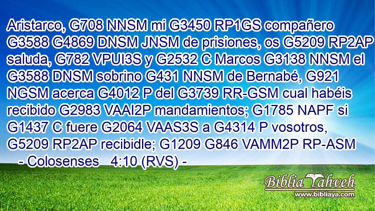 Aristarco, G708 NNSM mi G3450 RP1GS compañero G3588 G4869 DNSM JNSM de prisiones, os G5209 RP2AP saluda, G782 VPUI3S y G2532 C Marcos G3138 NNSM el G3588 DNSM sobrino G431 NNSM de Bernabé, G921 NGSM acerca G4012 P del G3739 RR-GSM cual habéis recibido G2983 VAAI2P mandamientos; G1785 NAPF si G1437 C fuere G2064 VAAS3S a G4314 P vosotros, G5209 RP2AP recibidle; G1209 G846 VAMM2P RP-ASM 