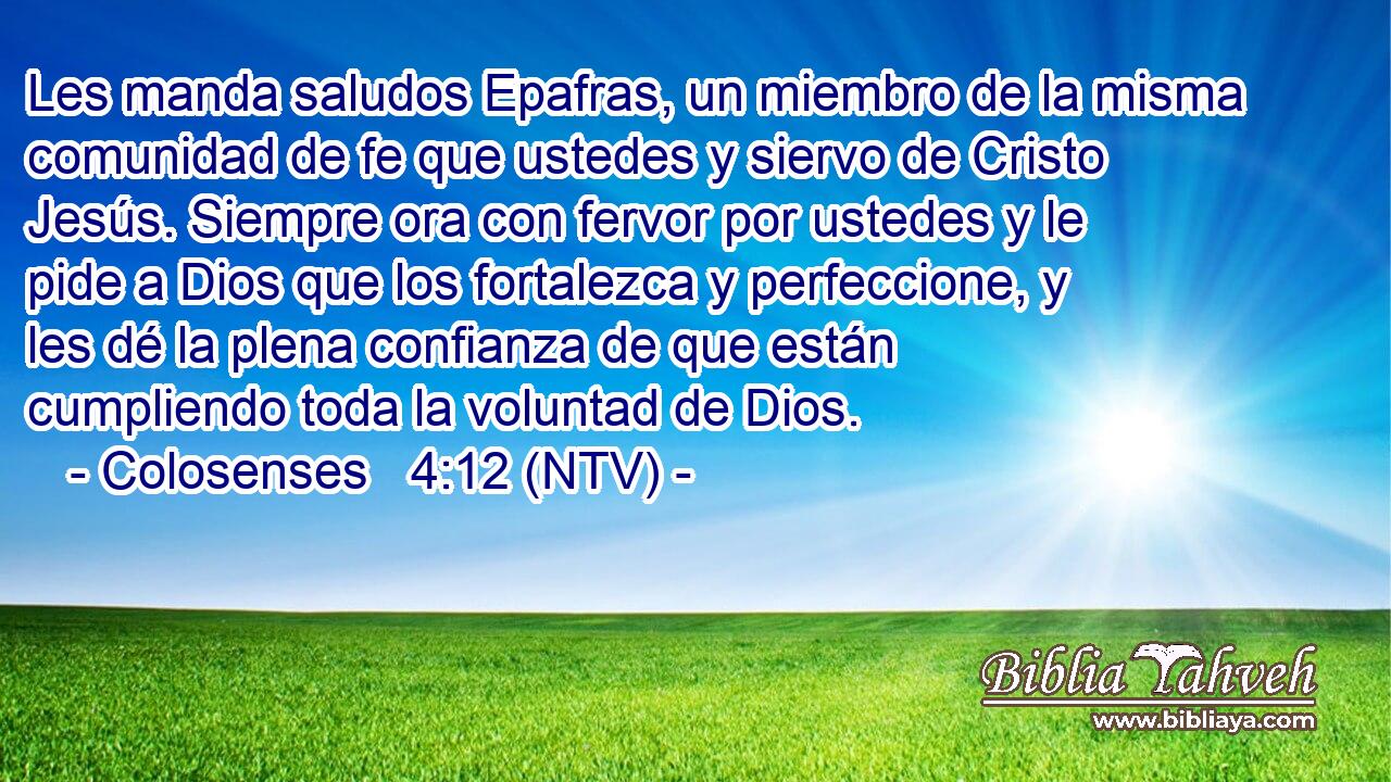 Les manda saludos Epafras, un miembro de la misma comunidad de fe que ustedes y siervo de Cristo Jesús. Siempre ora con fervor por ustedes y le pide a Dios que los fortalezca y perfeccione, y les dé la plena confianza de que están cumpliendo toda la voluntad de Dios.