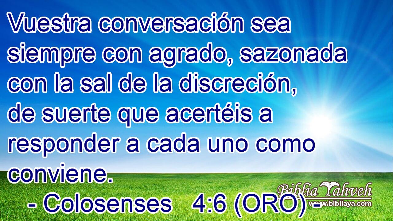  Vuestra conversación sea siempre con agrado, sazonada con la sal de la discreción, de suerte que acertéis a responder a cada uno como conviene. 
