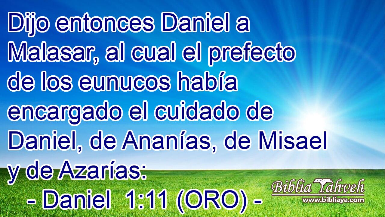  Dijo entonces Daniel a Malasar, al cual el prefecto de los eunucos había encargado el cuidado de Daniel, de Ananías, de Misael y de Azarías: 