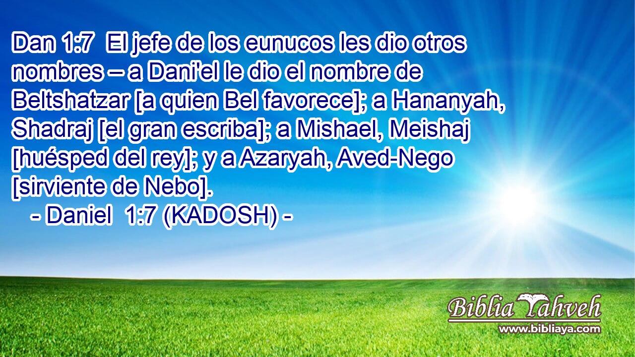  El jefe de los eunucos les dio otros nombres – a Dani'el le dio el nombre de Beltshatzar [a quien Bel favorece]; a Hananyah, Shadraj [el gran escriba]; a Mishael, Meishaj [huésped del rey]; y a Azaryah, Aved-Nego [sirviente de Nebo]. 