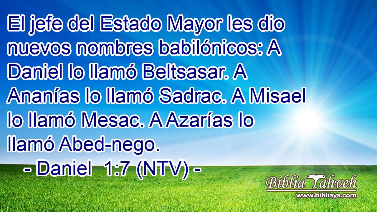 El jefe del Estado Mayor les dio nuevos nombres babilónicos: A Daniel lo llamó Beltsasar. A Ananías lo llamó Sadrac. A Misael lo llamó Mesac. A Azarías lo llamó Abed-nego.