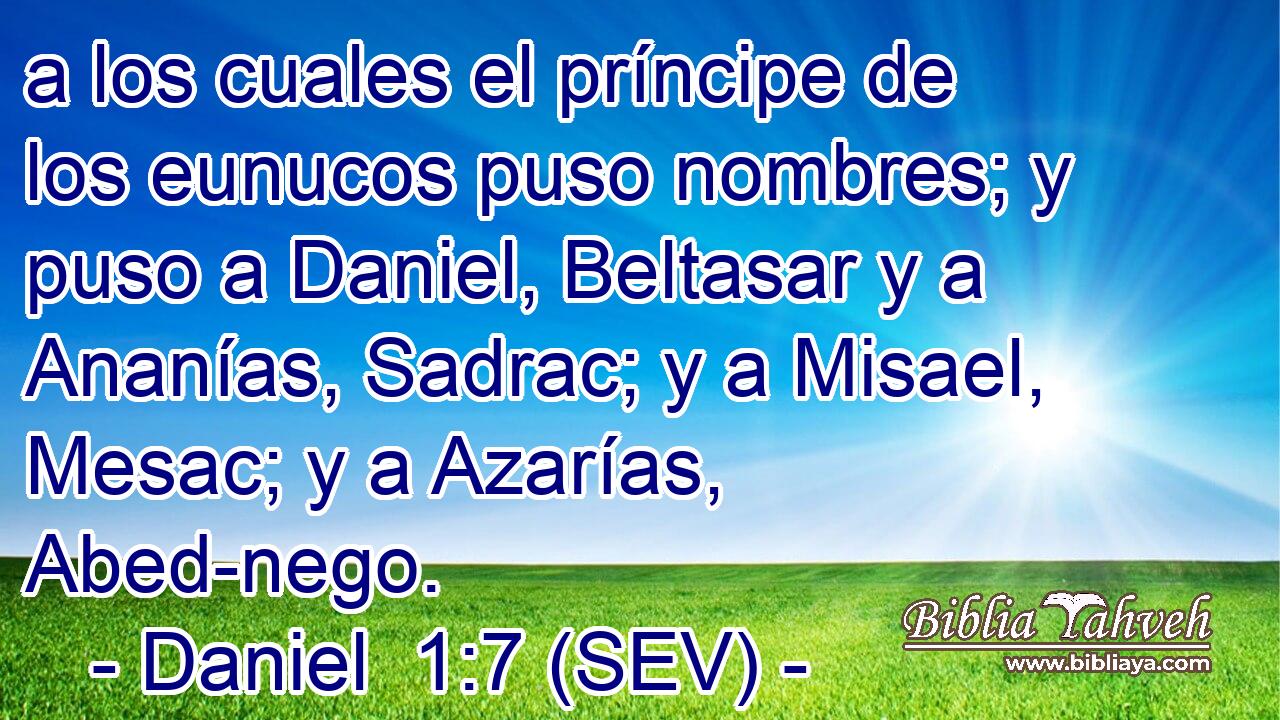 a los cuales el príncipe de los eunucos puso nombres; y puso a Daniel, Beltasar y a Ananías, Sadrac; y a Misael, Mesac; y a Azarías, Abed-nego.