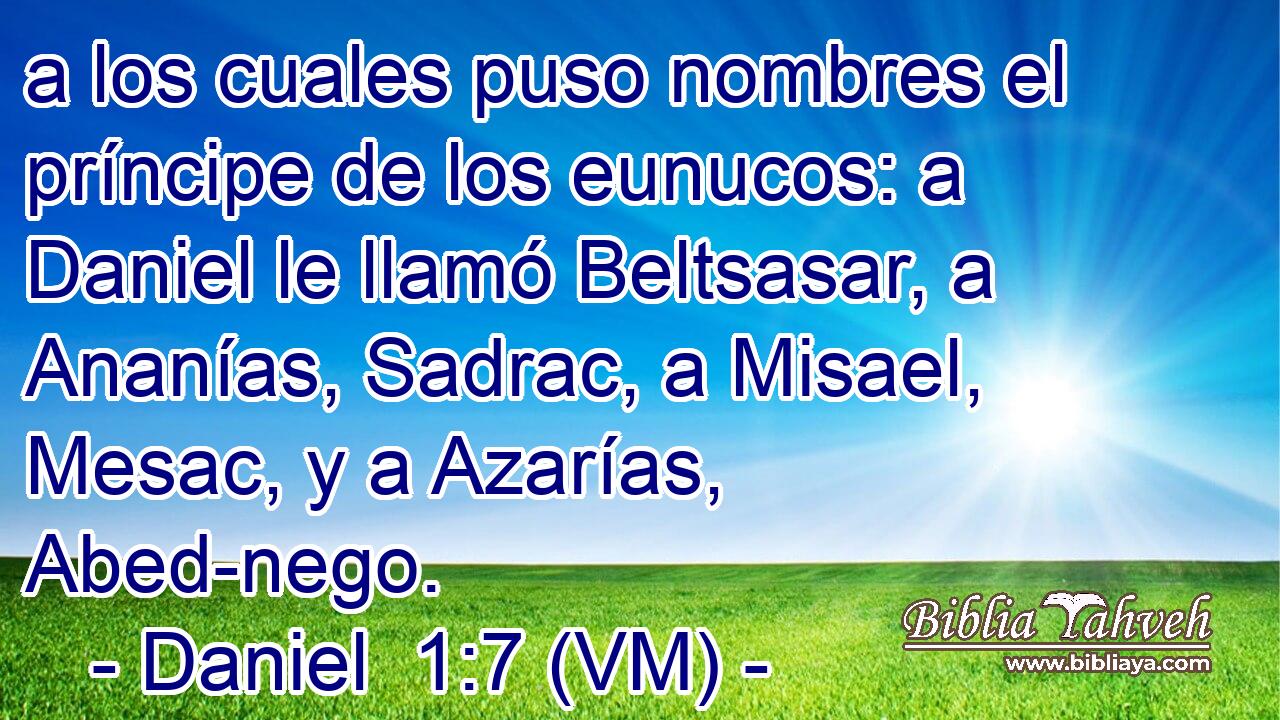  a los cuales puso nombres el príncipe de los eunucos: a Daniel le llamó Beltsasar, a Ananías, Sadrac, a Misael, Mesac, y a Azarías, Abed-nego. 