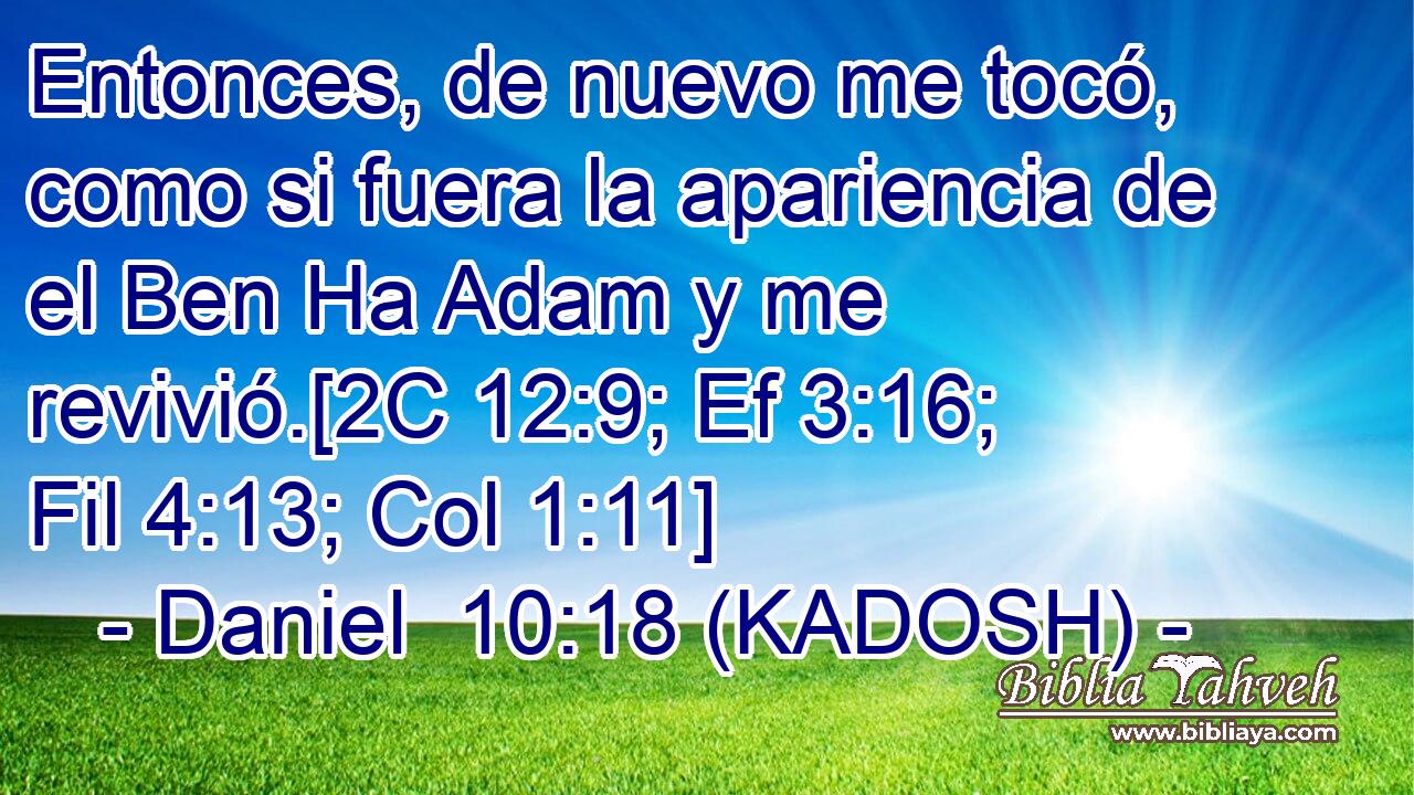  Entonces, de nuevo me tocó, como si fuera la apariencia de el Ben Ha Adam y me revivió.[2C 12:9; Ef 3:16; Fil 4:13; Col 1:11] 