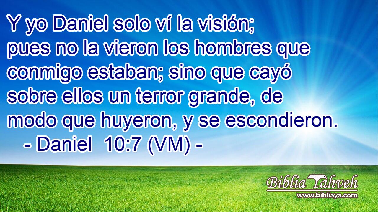  Y yo Daniel solo ví la visión; pues no la vieron los hombres que conmigo estaban; sino que cayó sobre ellos un terror grande, de modo que huyeron, y se escondieron. 