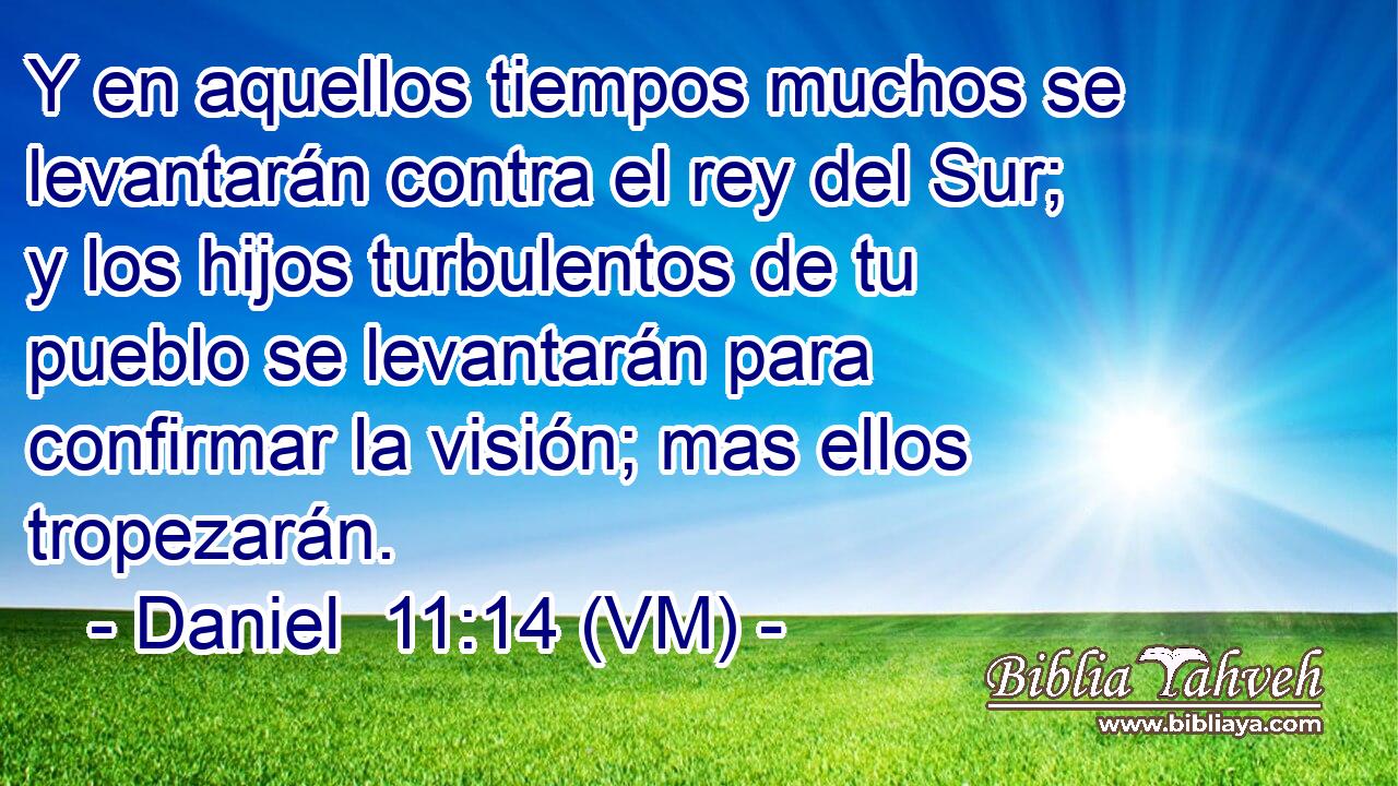  Y en aquellos tiempos muchos se levantarán contra el rey del Sur; y los hijos turbulentos de tu pueblo se levantarán para confirmar la visión; mas ellos tropezarán. 