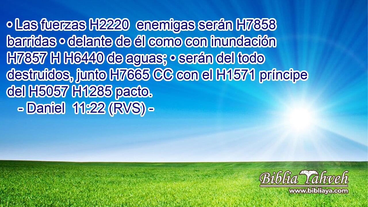 • Las fuerzas H2220  enemigas serán H7858  barridas • delante de él como con inundación H7857 H H6440 de aguas; • serán del todo destruidos, junto H7665 CC con el H1571 príncipe del H5057 H1285 pacto. 