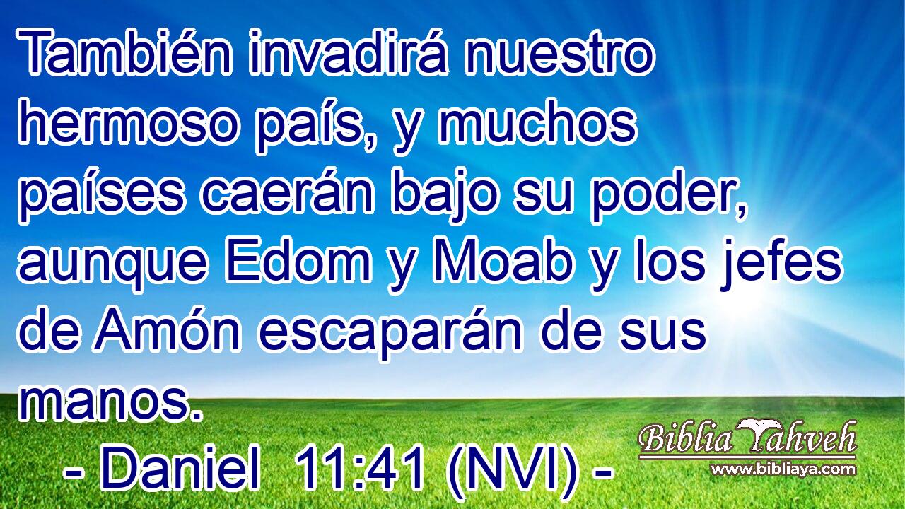  También invadirá nuestro hermoso país, y muchos países caerán bajo su poder, aunque Edom y Moab y los jefes de Amón escaparán de sus manos. 