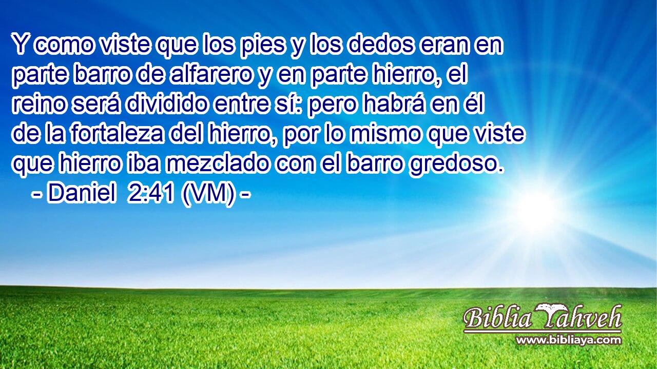  Y como viste que los pies y los dedos eran en parte barro de alfarero y en parte hierro, el reino será dividido entre sí: pero habrá en él de la fortaleza del hierro, por lo mismo que viste que hierro iba mezclado con el barro gredoso. 