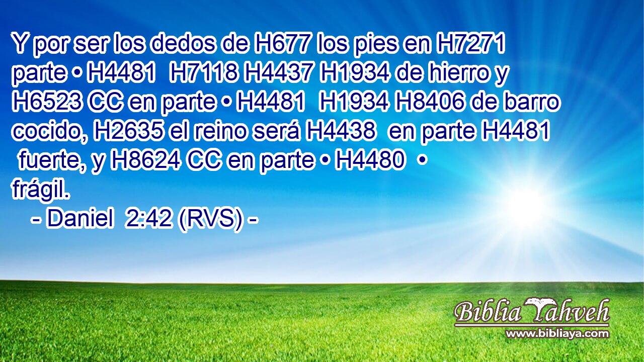 Y por ser los dedos de H677 los pies en H7271 parte • H4481  H7118 H4437 H1934 de hierro y H6523 CC en parte • H4481  H1934 H8406 de barro cocido, H2635 el reino será H4438  en parte H4481  fuerte, y H8624 CC en parte • H4480  • frágil. 