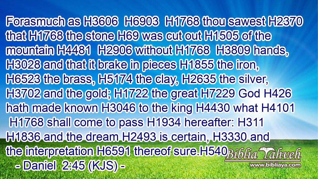 Forasmuch as H3606  H6903  H1768 thou sawest H2370 that H1768 the stone H69 was cut out H1505 of the mountain H4481  H2906 without H1768  H3809 hands, H3028 and that it brake in pieces H1855 the iron, H6523 the brass, H5174 the clay, H2635 the silver, H3702 and the gold; H1722 the great H7229 God H426 hath made known H3046 to the king H4430 what H4101  H1768 shall come to pass H1934 hereafter: H311  H1836 and the dream H2493 is certain, H3330 and the interpretation H6591 thereof sure.H540