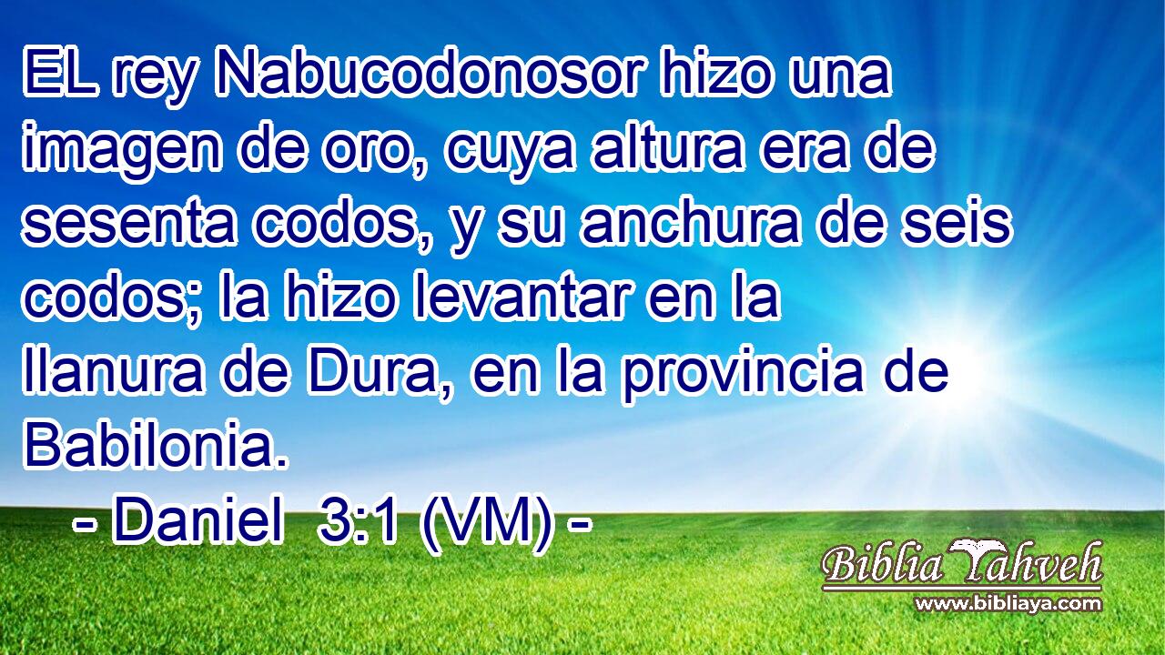  EL rey Nabucodonosor hizo una imagen de oro, cuya altura era de sesenta codos, y su anchura de seis codos; la hizo levantar en la llanura de Dura, en la provincia de Babilonia. 