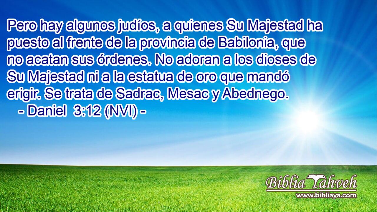  Pero hay algunos judíos, a quienes Su Majestad ha puesto al frente de la provincia de Babilonia, que no acatan sus órdenes. No adoran a los dioses de Su Majestad ni a la estatua de oro que mandó erigir. Se trata de Sadrac, Mesac y Abednego. 
