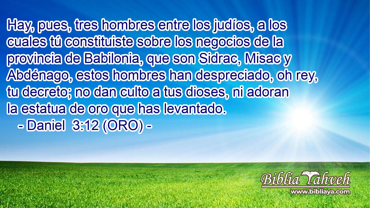  Hay, pues, tres hombres entre los judíos, a los cuales tú constituiste sobre los negocios de la provincia de Babilonia, que son Sidrac, Misac y Abdénago, estos hombres han despreciado, oh rey, tu decreto; no dan culto a tus dioses, ni adoran la estatua de oro que has levantado. 
