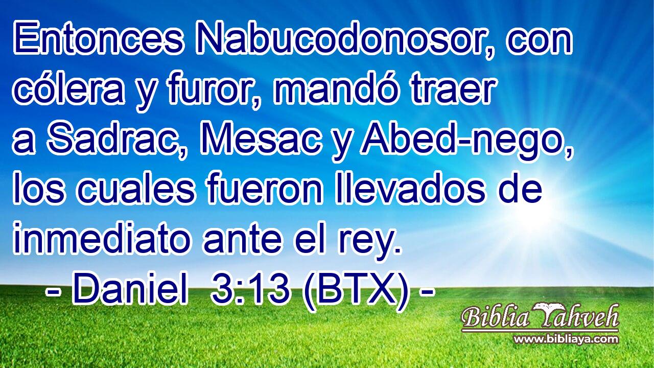 Entonces Nabucodonosor, con cólera y furor, mandó traer a Sadrac, Mesac y Abed-nego, los cuales fueron llevados de inmediato ante el rey.