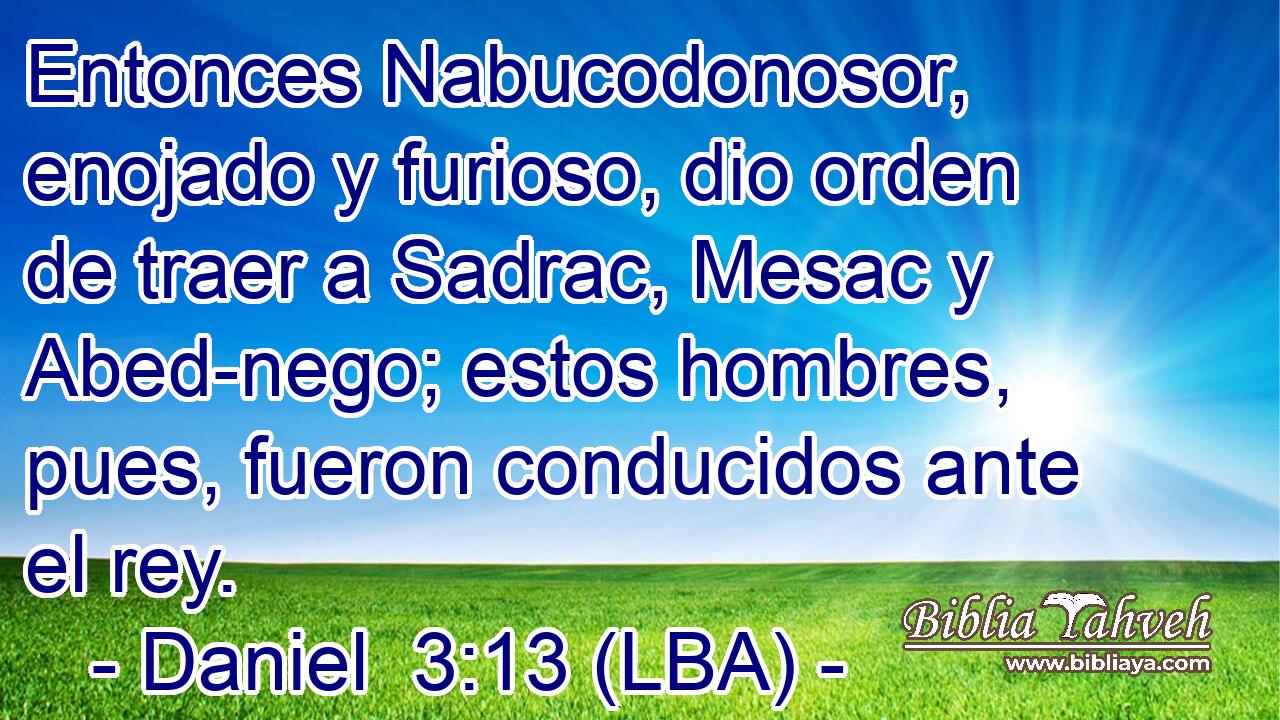 Entonces Nabucodonosor, enojado y furioso, dio orden de traer a Sadrac, Mesac y Abed-nego; estos hombres, pues, fueron conducidos ante el rey.