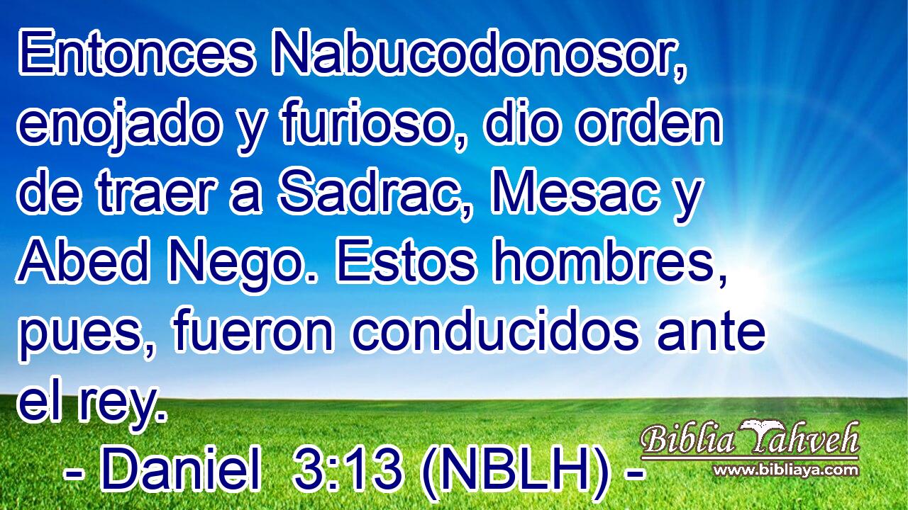  Entonces Nabucodonosor, enojado y furioso, dio orden de traer a Sadrac, Mesac y Abed Nego. Estos hombres, pues, fueron conducidos ante el rey. 
