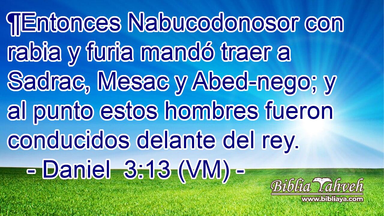  ¶Entonces Nabucodonosor con rabia y furia mandó traer a Sadrac, Mesac y Abed-nego; y al punto estos hombres fueron conducidos delante del rey. 