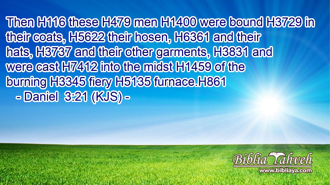 Then H116 these H479 men H1400 were bound H3729 in their coats, H5622 their hosen, H6361 and their hats, H3737 and their other garments, H3831 and were cast H7412 into the midst H1459 of the burning H3345 fiery H5135 furnace.H861