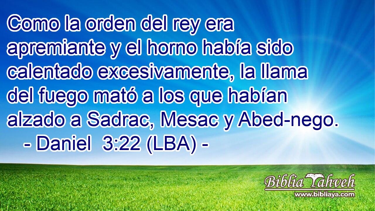 Como la orden del rey era apremiante y el horno había sido calentado excesivamente, la llama del fuego mató a los que habían alzado a Sadrac, Mesac y Abed-nego.