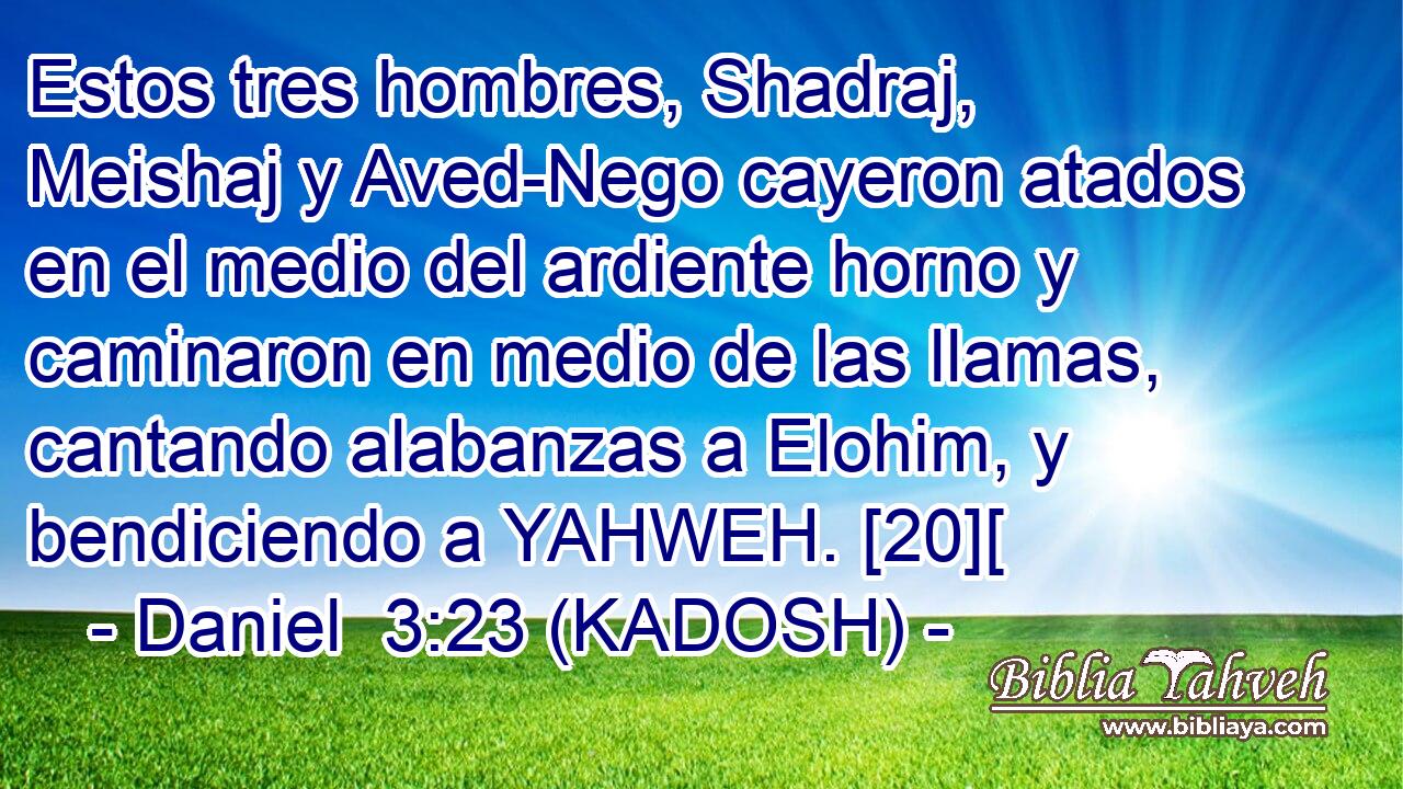  Estos tres hombres, Shadraj, Meishaj y Aved-Nego cayeron atados en el medio del ardiente horno y caminaron en medio de las llamas, cantando alabanzas a Elohim, y bendiciendo a YAHWEH. [20][ 