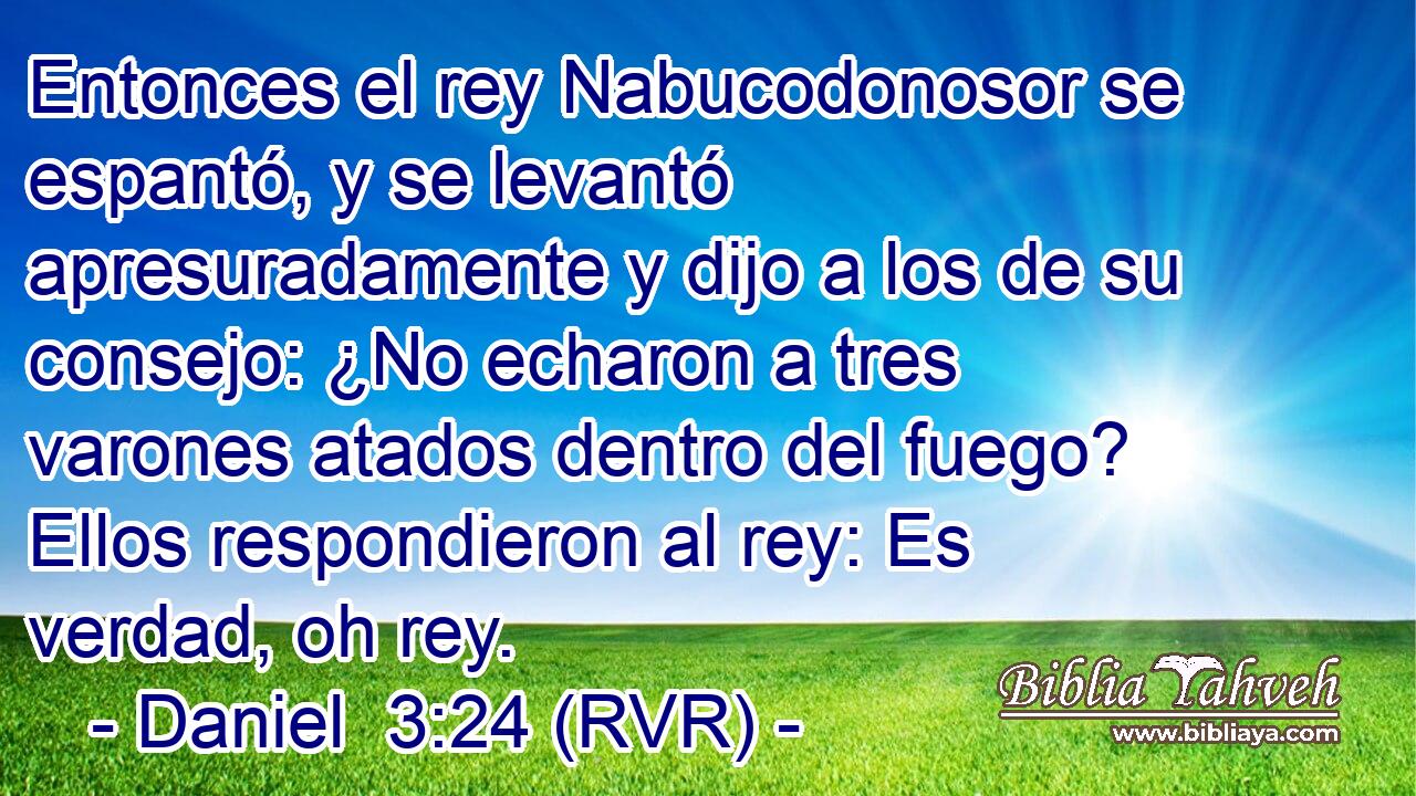 Entonces el rey Nabucodonosor se espantó, y se levantó apresuradamente y dijo a los de su consejo: ¿No echaron a tres varones atados dentro del fuego? Ellos respondieron al rey: Es verdad, oh rey.