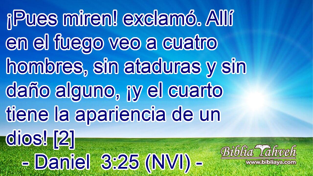  ¡Pues miren! exclamó. Allí en el fuego veo a cuatro hombres, sin ataduras y sin daño alguno, ¡y el cuarto tiene la apariencia de un dios! [2] 