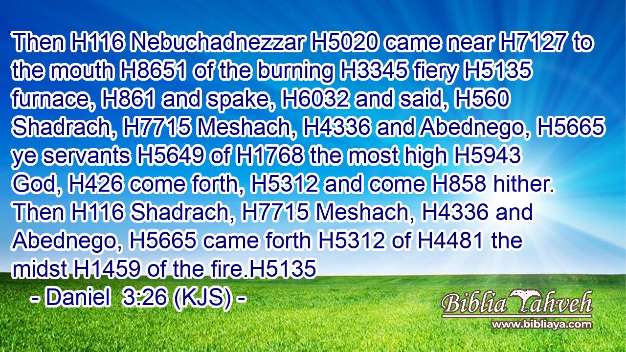 Then H116 Nebuchadnezzar H5020 came near H7127 to the mouth H8651 of the burning H3345 fiery H5135 furnace, H861 and spake, H6032 and said, H560 Shadrach, H7715 Meshach, H4336 and Abednego, H5665 ye servants H5649 of H1768 the most high H5943 God, H426 come forth, H5312 and come H858 hither. Then H116 Shadrach, H7715 Meshach, H4336 and Abednego, H5665 came forth H5312 of H4481 the midst H1459 of the fire.H5135