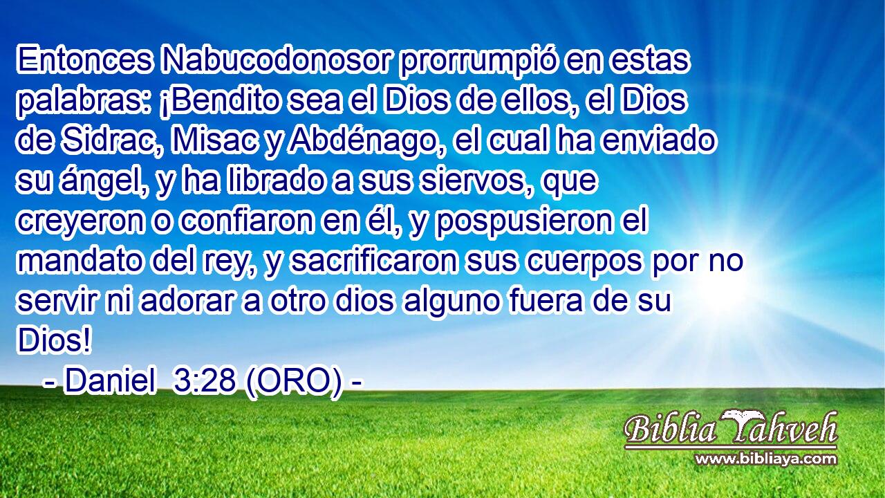  Entonces Nabucodonosor prorrumpió en estas palabras: ¡Bendito sea el Dios de ellos, el Dios de Sidrac, Misac y Abdénago, el cual ha enviado su ángel, y ha librado a sus siervos, que creyeron o confiaron en él, y pospusieron el mandato del rey, y sacrificaron sus cuerpos por no servir ni adorar a otro dios alguno fuera de su Dios! 