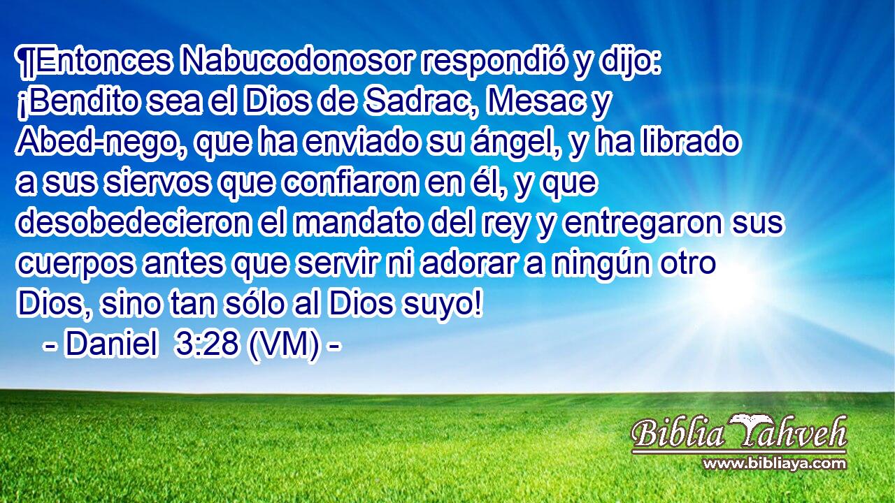  ¶Entonces Nabucodonosor respondió y dijo: ¡Bendito sea el Dios de Sadrac, Mesac y Abed-nego, que ha enviado su ángel, y ha librado a sus siervos que confiaron en él, y que desobedecieron el mandato del rey y entregaron sus cuerpos antes que servir ni adorar a ningún otro Dios, sino tan sólo al Dios suyo! 