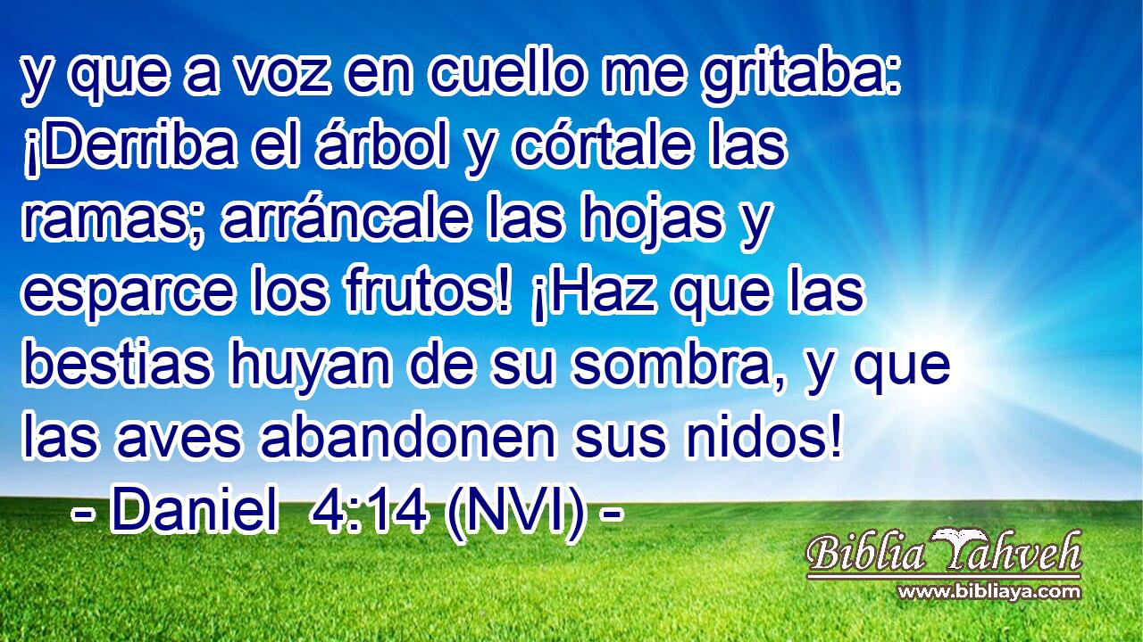  y que a voz en cuello me gritaba: ¡Derriba el árbol y córtale las ramas; arráncale las hojas y esparce los frutos! ¡Haz que las bestias huyan de su sombra, y que las aves abandonen sus nidos! 