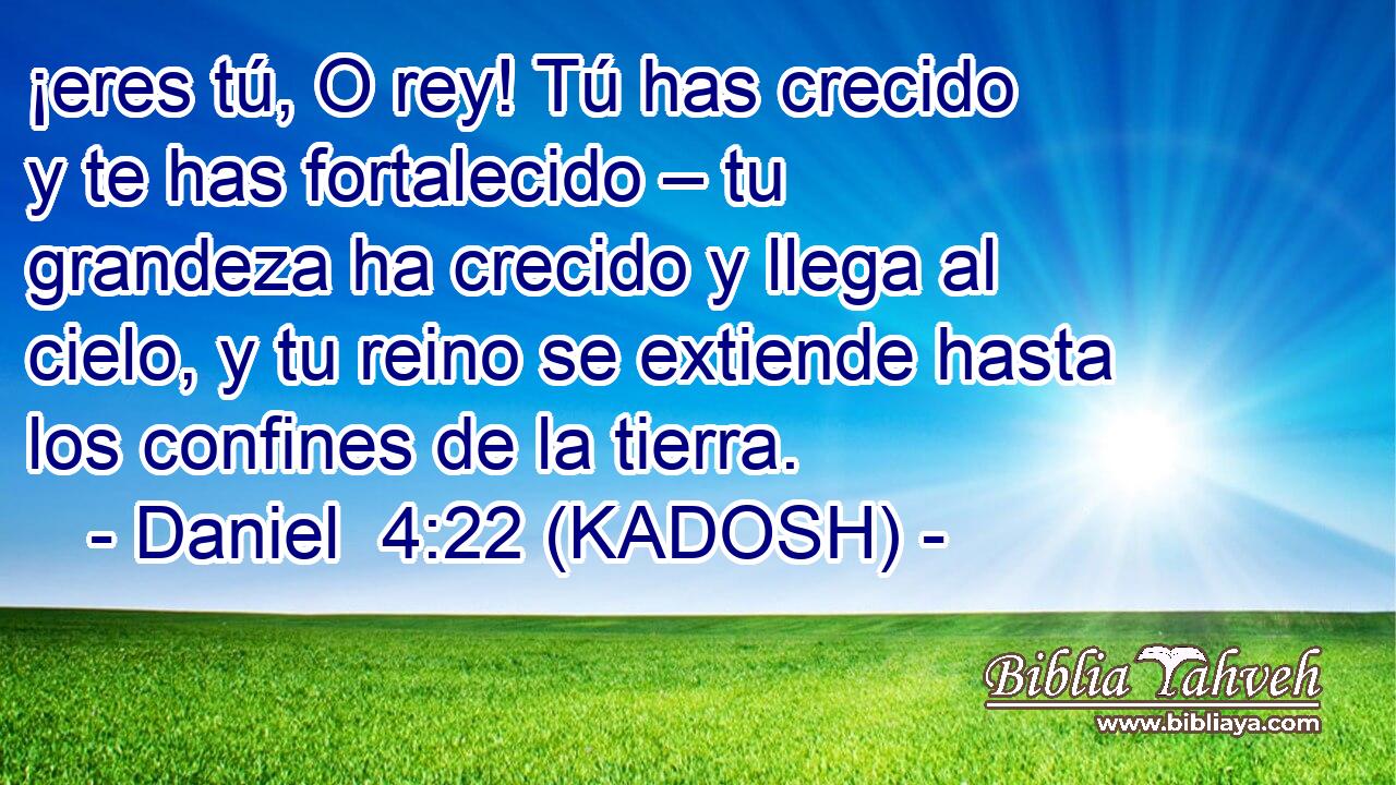  ¡eres tú, O rey! Tú has crecido y te has fortalecido – tu grandeza ha crecido y llega al cielo, y tu reino se extiende hasta los confines de la tierra. 