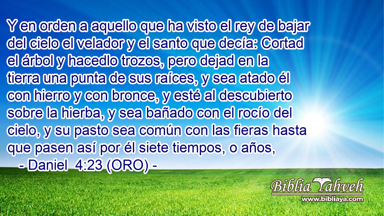 Y en orden a aquello que ha visto el rey de bajar del cielo el velador y el santo que decía: Cortad el árbol y hacedlo trozos, pero dejad en la tierra una punta de sus raíces, y sea atado él con hierro y con bronce, y esté al descubierto sobre la hierba, y sea bañado con el rocío del cielo, y su pasto sea común con las fieras hasta que pasen así por él siete tiempos, o años, 
