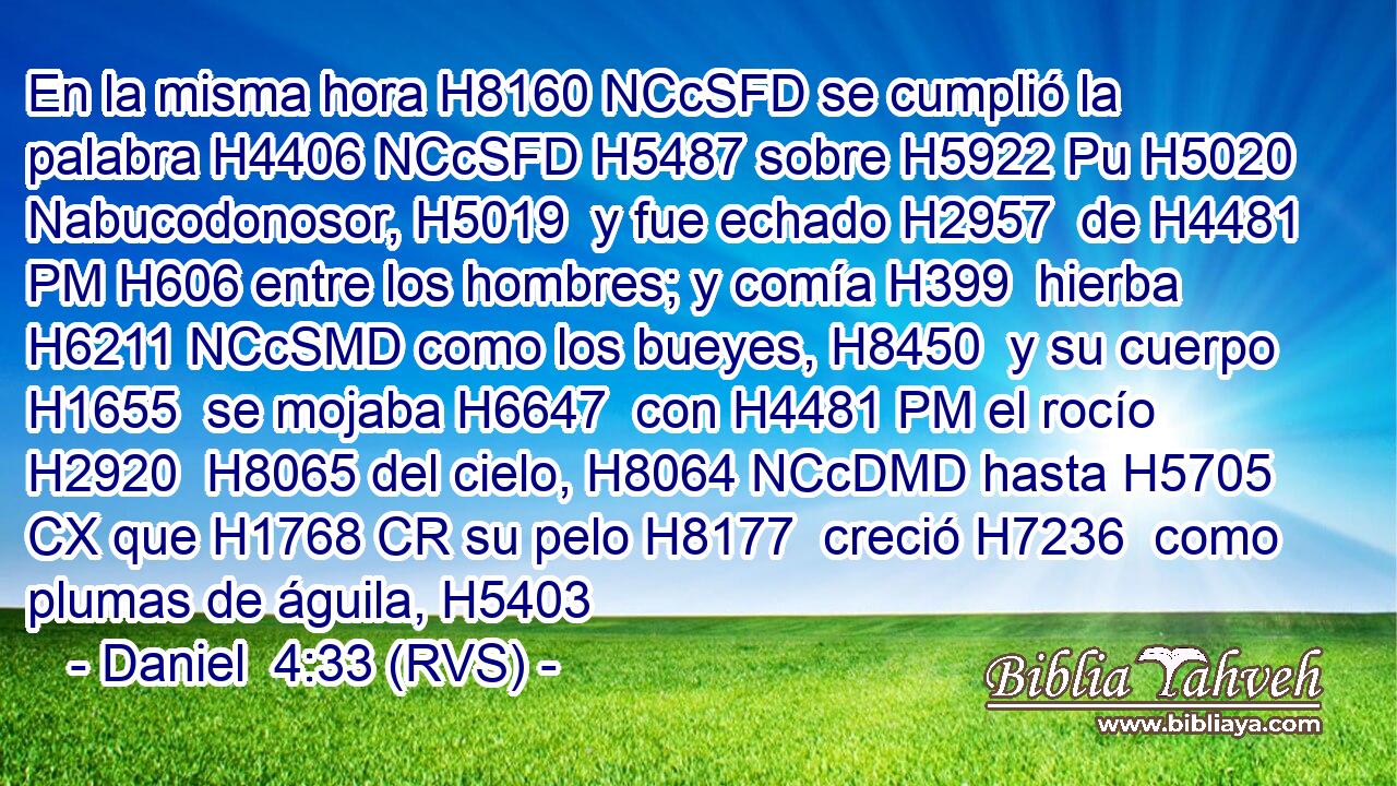 En la misma hora H8160 NCcSFD se cumplió la palabra H4406 NCcSFD H5487 sobre H5922 Pu H5020 Nabucodonosor, H5019  y fue echado H2957  de H4481 PM H606 entre los hombres; y comía H399  hierba H6211 NCcSMD como los bueyes, H8450  y su cuerpo H1655  se mojaba H6647  con H4481 PM el rocío H2920  H8065 del cielo, H8064 NCcDMD hasta H5705 CX que H1768 CR su pelo H8177  creció H7236  como plumas de águila, H5403 