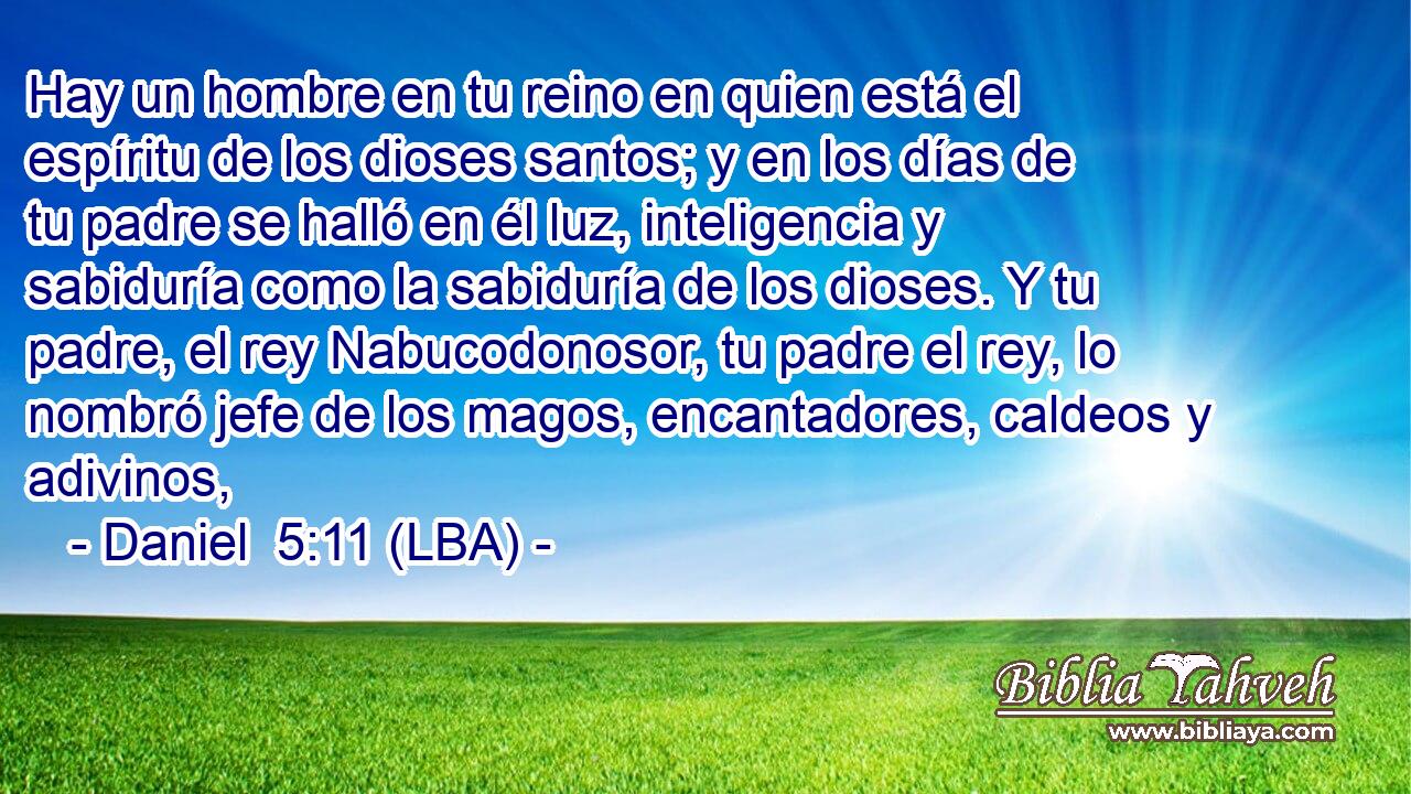 Hay un hombre en tu reino en quien está el espíritu de los dioses santos; y en los días de tu padre se halló en él luz, inteligencia y sabiduría como la sabiduría de los dioses. Y tu padre, el rey Nabucodonosor, tu padre el rey, lo nombró jefe de los magos, encantadores, caldeos y adivinos,