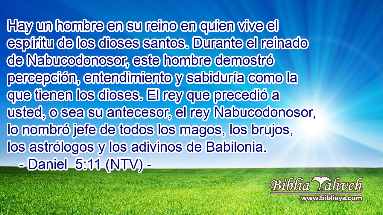 Hay un hombre en su reino en quien vive el espíritu de los dioses santos. Durante el reinado de Nabucodonosor, este hombre demostró percepción, entendimiento y sabiduría como la que tienen los dioses. El rey que precedió a usted, o sea su antecesor, el rey Nabucodonosor, lo nombró jefe de todos los magos, los brujos, los astrólogos y los adivinos de Babilonia.