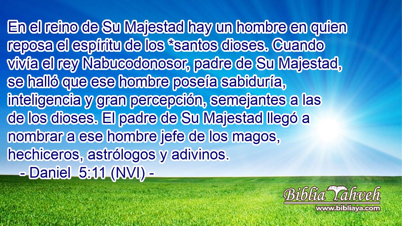  En el reino de Su Majestad hay un hombre en quien reposa el espíritu de los *santos dioses. Cuando vivía el rey Nabucodonosor, padre de Su Majestad, se halló que ese hombre poseía sabiduría, inteligencia y gran percepción, semejantes a las de los dioses. El padre de Su Majestad llegó a nombrar a ese hombre jefe de los magos, hechiceros, astrólogos y adivinos. 