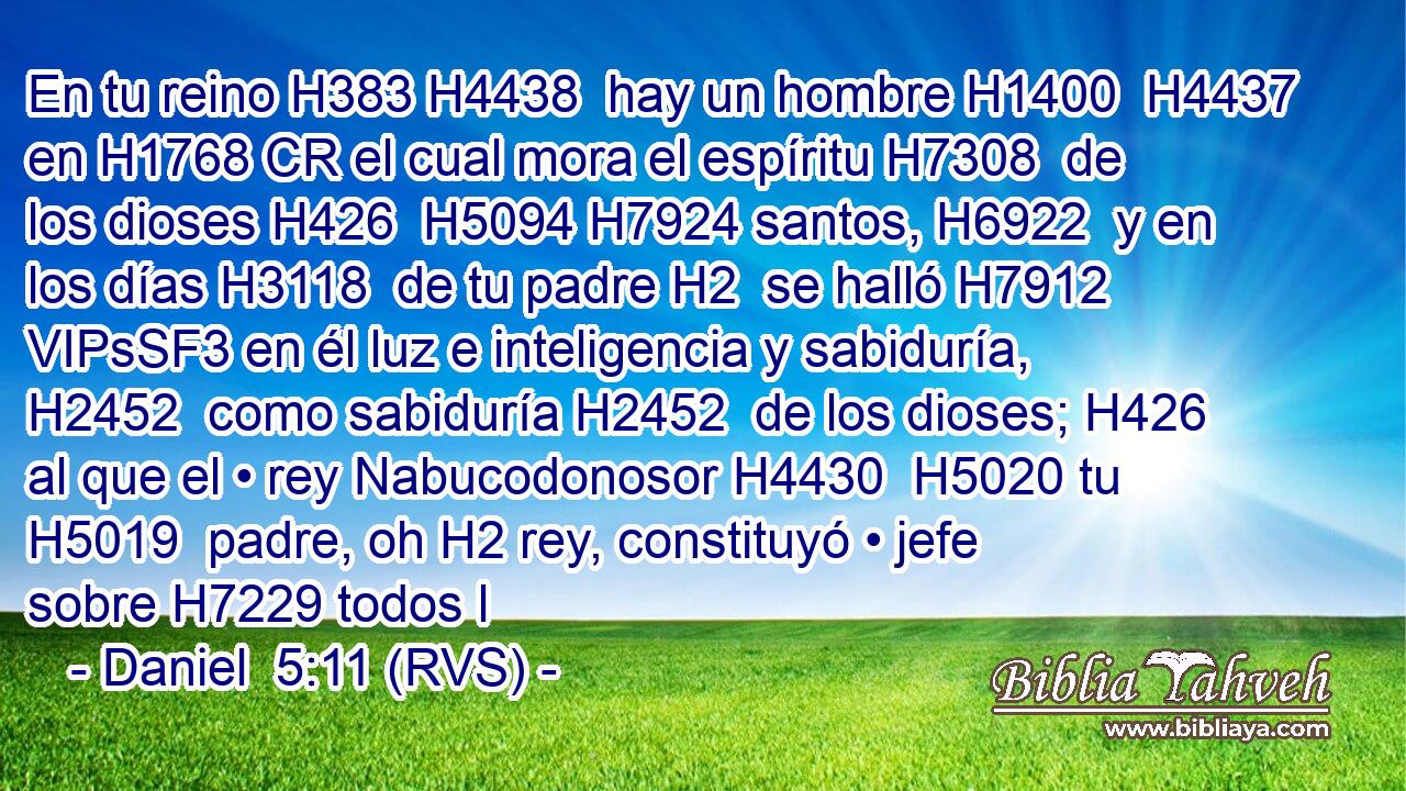 En tu reino H383 H4438  hay un hombre H1400  H4437 en H1768 CR el cual mora el espíritu H7308  de los dioses H426  H5094 H7924 santos, H6922  y en los días H3118  de tu padre H2  se halló H7912 VIPsSF3 en él luz e inteligencia y sabiduría, H2452  como sabiduría H2452  de los dioses; H426  al que el • rey Nabucodonosor H4430  H5020 tu H5019  padre, oh H2 rey, constituyó • jefe sobre H7229 todos l