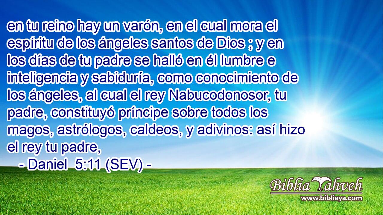 en tu reino hay un varón, en el cual mora el espíritu de los ángeles santos de Dios ; y en los días de tu padre se halló en él lumbre e inteligencia y sabiduría, como conocimiento de los ángeles, al cual el rey Nabucodonosor, tu padre, constituyó príncipe sobre todos los magos, astrólogos, caldeos, y adivinos: así hizo el rey tu padre,
