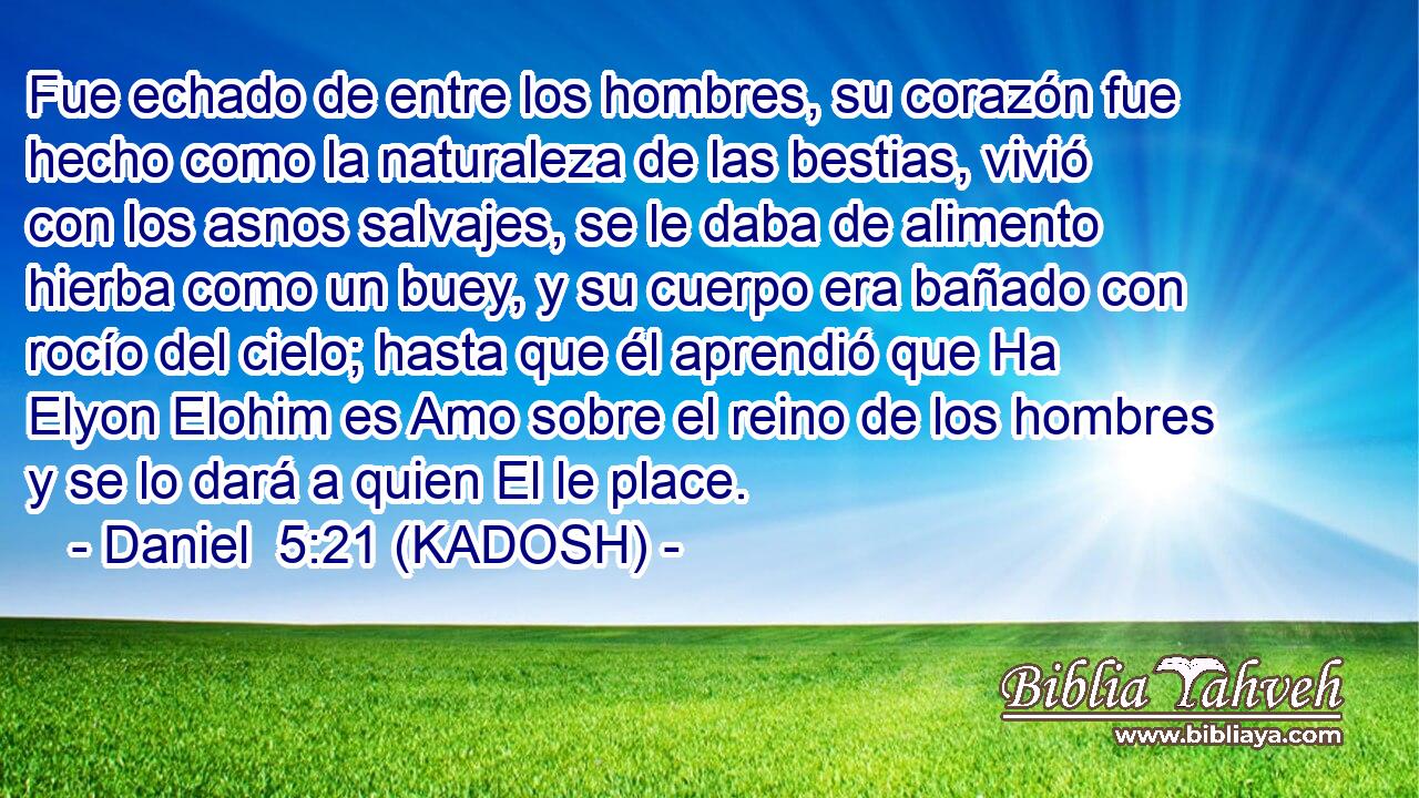  Fue echado de entre los hombres, su corazón fue hecho como la naturaleza de las bestias, vivió con los asnos salvajes, se le daba de alimento hierba como un buey, y su cuerpo era bañado con rocío del cielo; hasta que él aprendió que Ha Elyon Elohim es Amo sobre el reino de los hombres y se lo dará a quien El le place. 